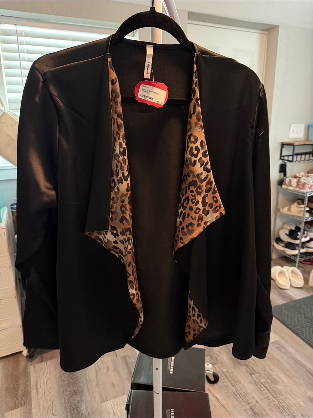 Black Open-Front Jacket with Leopard Trim